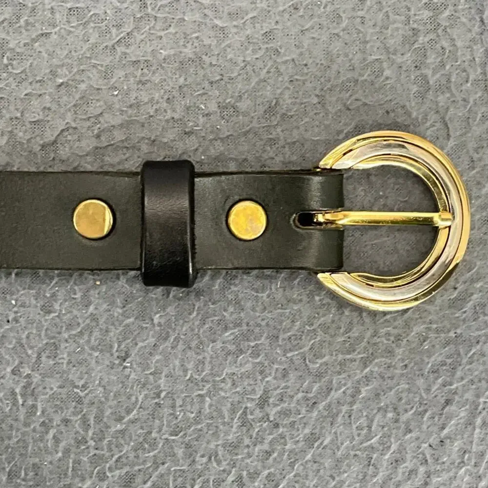 Vintage 90s Black Leather Brass Round Buckle Belt Women 31.5”-35.5”